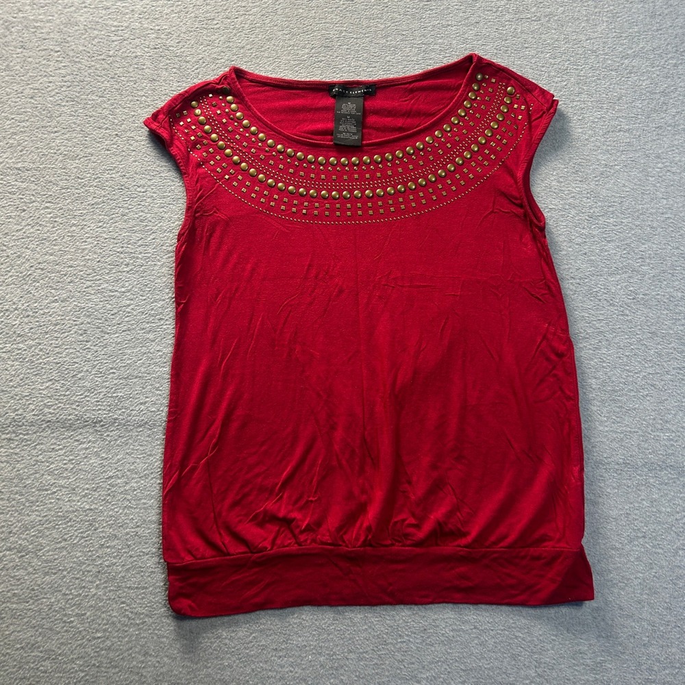 Grace Elements Studded Neck Short Sleeve‎ Blouson Knit Top Medium Berry Red Boho